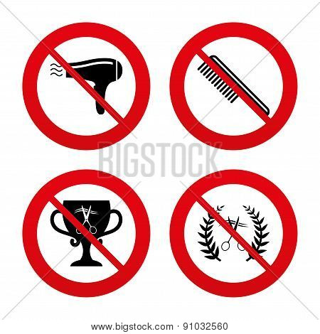 Hairdresser icons. Scissors cut hair symbol.