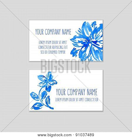 Set Of Business Cards With Watercolor Floral Background.