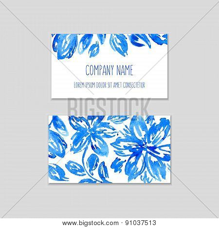 Set Of Business Cards With Watercolor Floral Background.