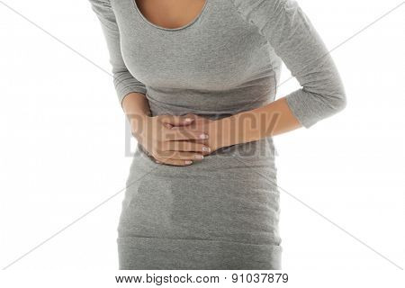 Young woman with huge stomachache