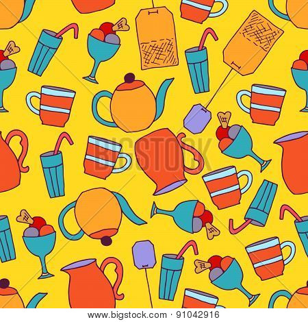 Seamless pattern with tea party hand drawn elements.