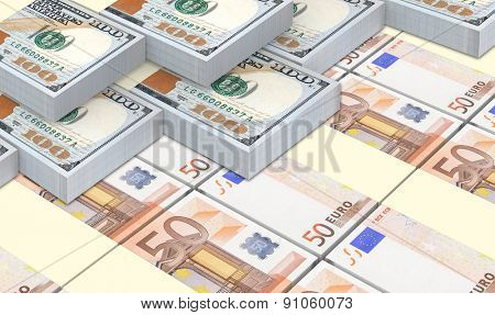 European currency bills stacks with american dollars background.