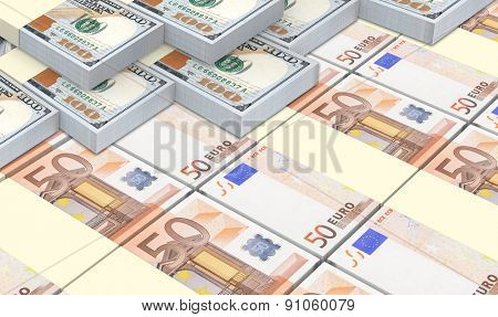 European currency bills stacks with american dollars background.