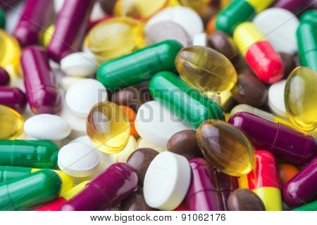 many color pills close up