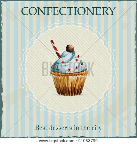 Watercolor confectionery advertisement with cupcake illustration