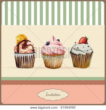 Invitation template with watercolor cupcakes illustration