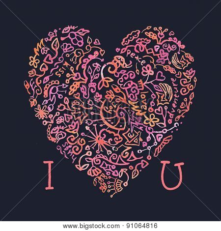 Valentine card I love You template with creative doodle watercolor heart