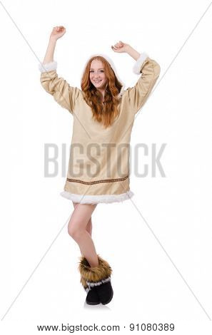 Eskimo girl wearing clothes of all fur isolated on white