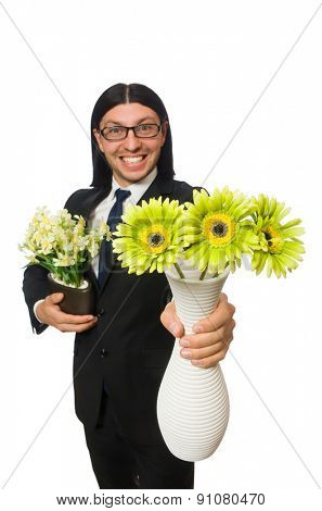 Handsome businessman with flower pot isolated on white