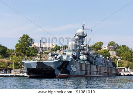 Ukraine, Sevastopol - September 02, 2011: Russian Ship With Missile Weapons Hovercraft 