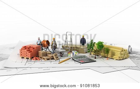 Construction Materials With Blueprint On The Wtite Background.