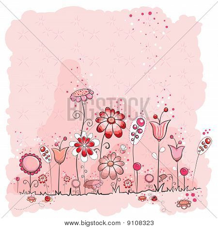 Pembe çiçekler ve böcekler tebrik kartı
