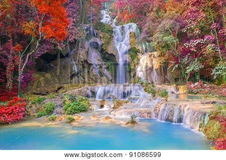 Waterfall In Rain Forest (tat Kuang Si Waterfalls At Luang Prabang, Laos.)