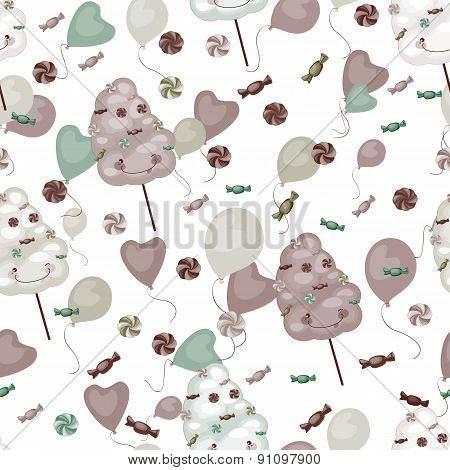 Seamless Pattern Of Sweets, Cotton Candy, Lollipops