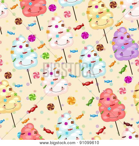 Seamless Pattern Of Sweets, Cotton Candy, Lollipops