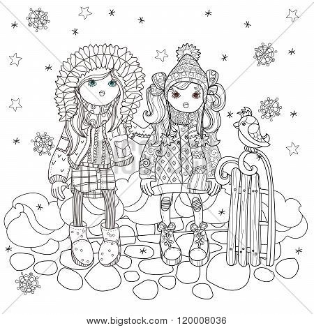 Vector cute girls in winter hat