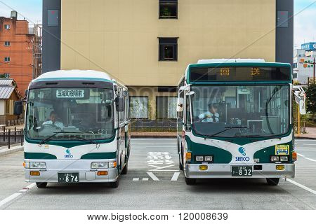 MIE JAPAN - NOVEMBER 20 2015: City bus and loop bus operated for tourists and people of Ise city in Mie prefecture