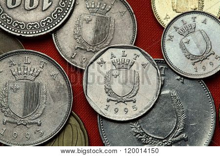 Coins of Malta. Coat of arms of Malta depicted in the Maltese lira coins. 