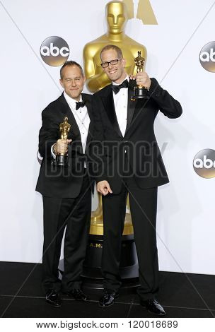 Jonas Rivera and Pete Docter at the 88th Annual Academy Awards - Press Room held at the Loews Hollywood Hotel in Hollywood, USA on February 28, 2016.