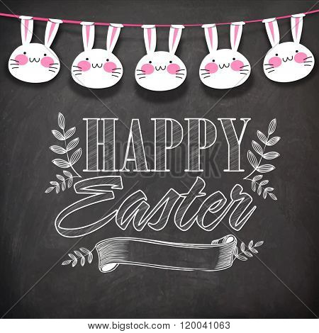 Elegant greeting card design decoarted with stylish text Happy Easter, blank ribbon and cute hanging bunnies on chalkboard background.