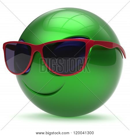 Smiley alien face sunglasses cartoon cute head emoticon monster ball green red avatar. Cheerful funny smile invader person character toy laughing eyes joy icon concept. 3d render isolated
