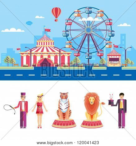 Circus with animal trainers and magician