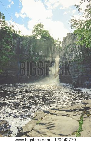 High Force Waterfall Views From The South Bank Of The River Tees On The Pennine Way In Woodland, Uk.