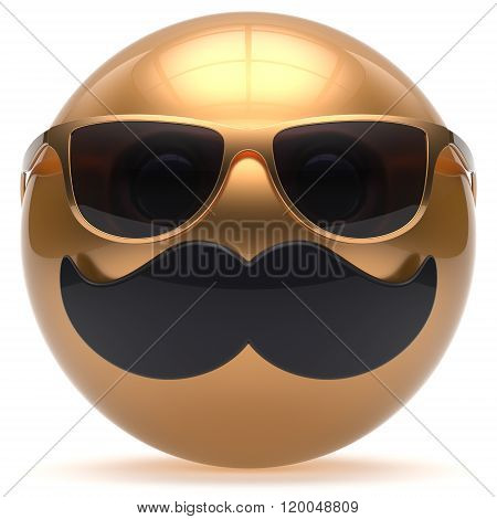 Mustache face emoticon ball happy joy handsome cartoon person black golden sunglasses stylish caricature. Cheerful eyeglasses fun sphere character avatar