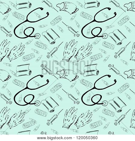 Vector seamless pattern with medicine things. the stethoscope, gloves,bandages and a syringe