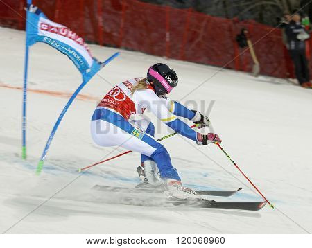 STOCKHOLM SWEDEN - FEB 23 2016: Frida Hansdotter (SWE) skiing at the FIS Alpine Ski World Cup - Men's and Woman's city event February 23 2016 Stockholm Sweden