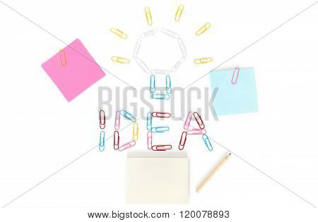 stickers, paper clip, pencil on white background