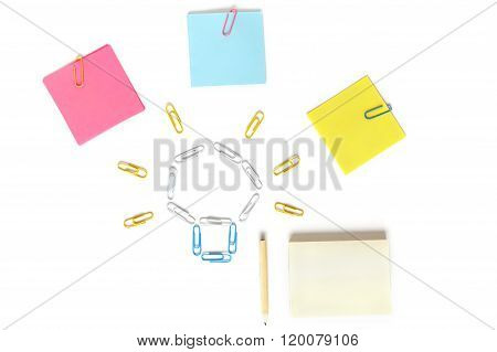 stickers, paper clip, pencil on white background