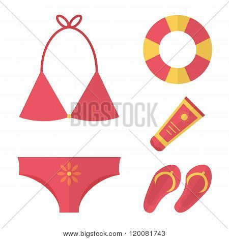 Flat design summer vacation set. Swimsuit, sunscreen, flip flop and air cushion.