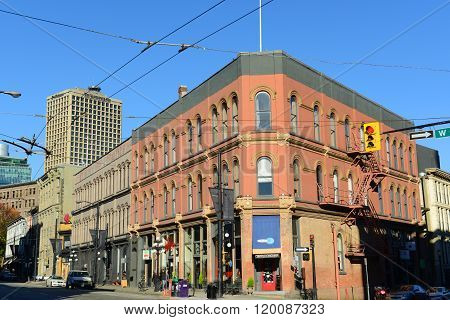 VANCOUVER - NOV 13, 2014: Gastown crossroad of W Cordova St and Cambie St, with Waterfront Centre at the background in Vancouver, British Columbia, Canada.