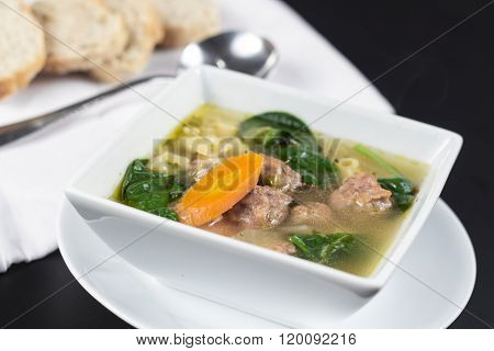 Italian wedding soup with meatballs and ditalini noodles