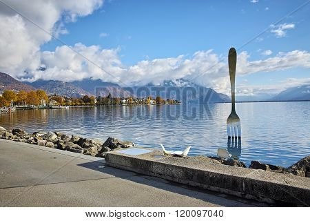Panorama of Lake Geneva from town of Vevey, canton of Vaud, Switzerland