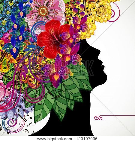 Beautiful young woman with tropicl flowers in heir hair. Illustration greeting card beauty and fashion.