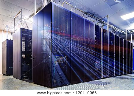 double exposure mainframe room with road traffic