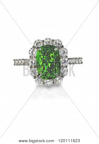 Emerald diamond helo engagment cocktail ring isolated on white