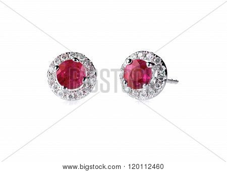 Red ruby halo setting diamond stud earrings set isolated on white