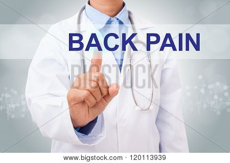 Doctor hand touching back pain sign on virtual screen.