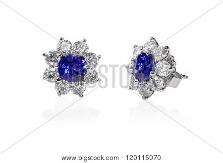 Blue Gemstone and diamond stud earrings. Genuine Fine Jewelry