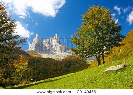 Peaks in Lescun Cirque. On the left Petite Aiguille Ansabere and to the right Grand Aiguille Ansabere. Aspe Valley, Pyrenees, France.