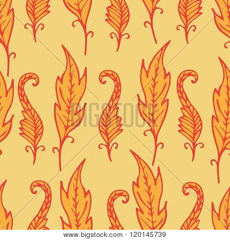 Repeating Floral And Feather Pattern. Seamless Texture With Orange Leaves. Bright Background.