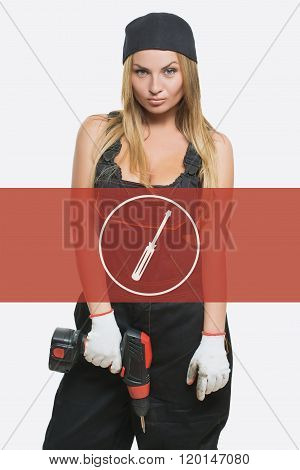 sexy female holding a cordless screwdriver. Repair icon in the background woman.