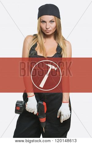 sexy female holding a cordless screwdriver. Repair icon in the background woman.