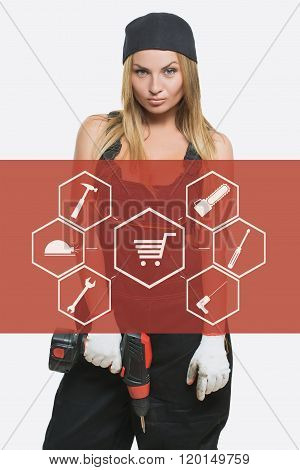 sexy female holding a cordless screwdriver. Repair icon in the background woman.