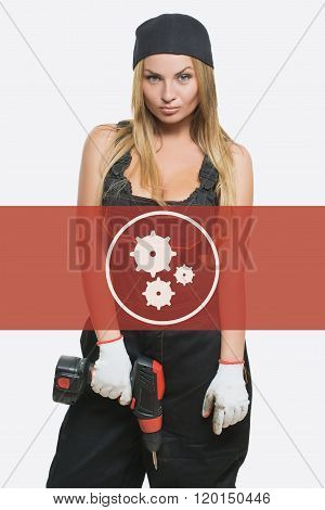 sexy female holding a cordless screwdriver. Repair icon in the background woman.
