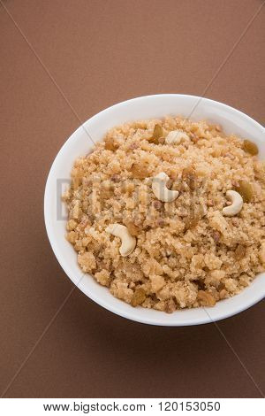 indian gujrati or maharahashtrian or south indian sweet dish lapsi broken wheat sweet pudding payasa