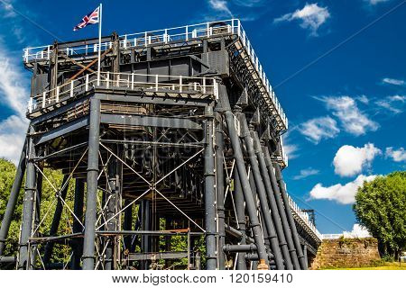 The Anderton Boat Lift which raises narrowboats between River Weaver the Trent and Mersey Canal. England United Kingdom.